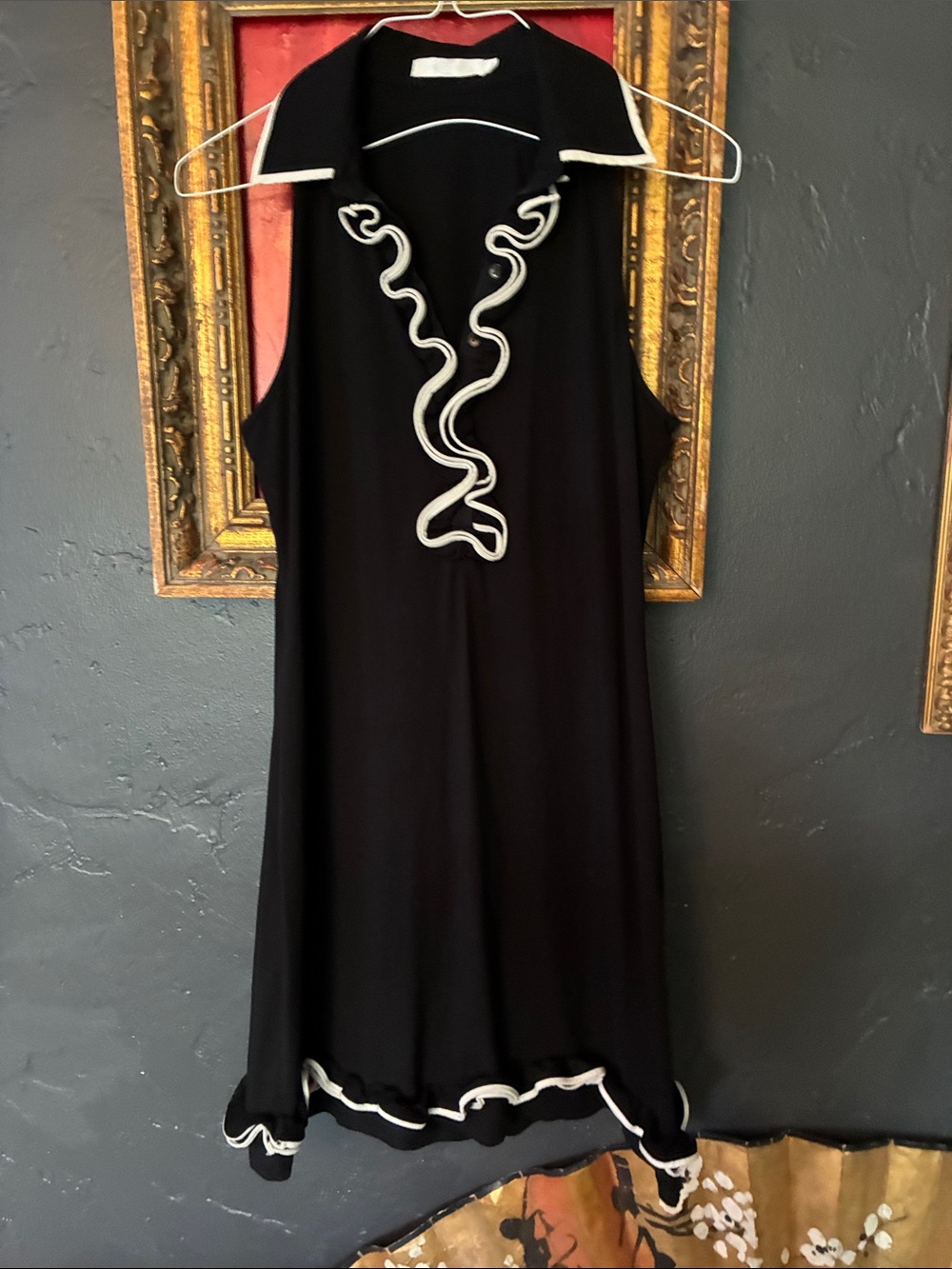 Anne Fontaine Black Sleeveless Ruffle-Trim Dress with Contrast Piping
